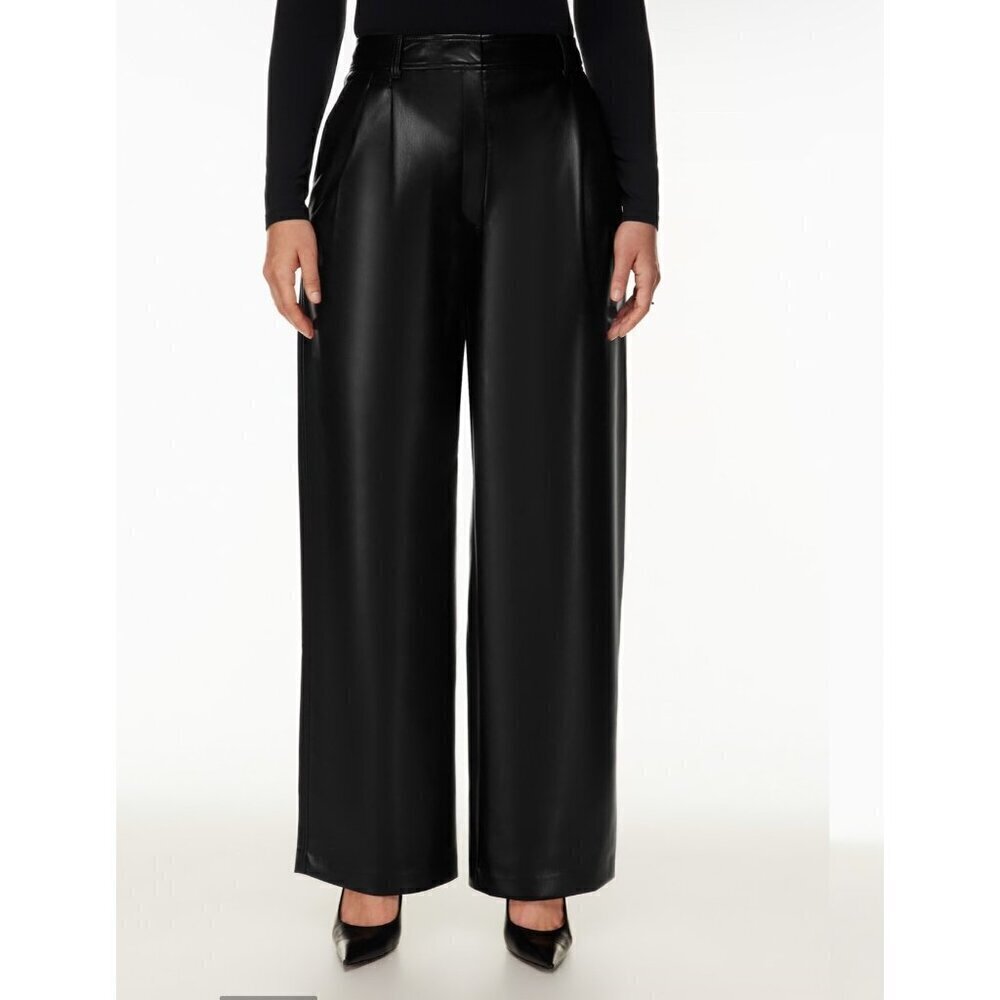 Babaton faux leather Pleated wide legs pants, Black, Size 2 K44